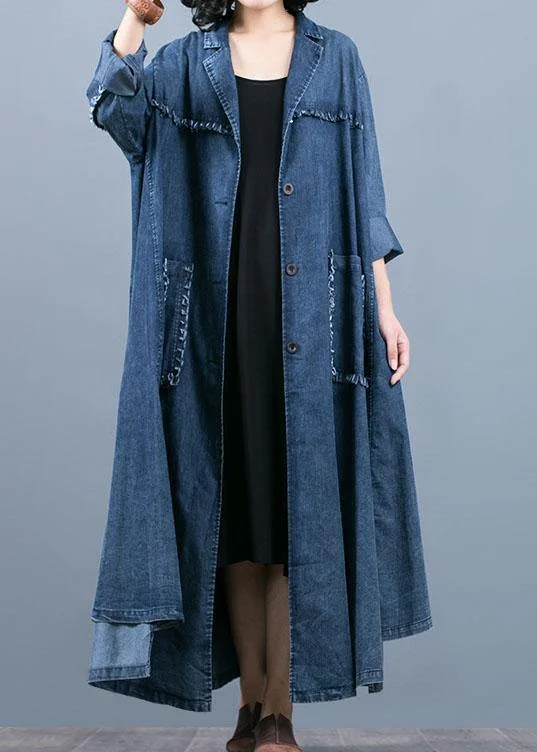 Luxury denim blue coat oversize fall coat Notched Large pockets Coats
