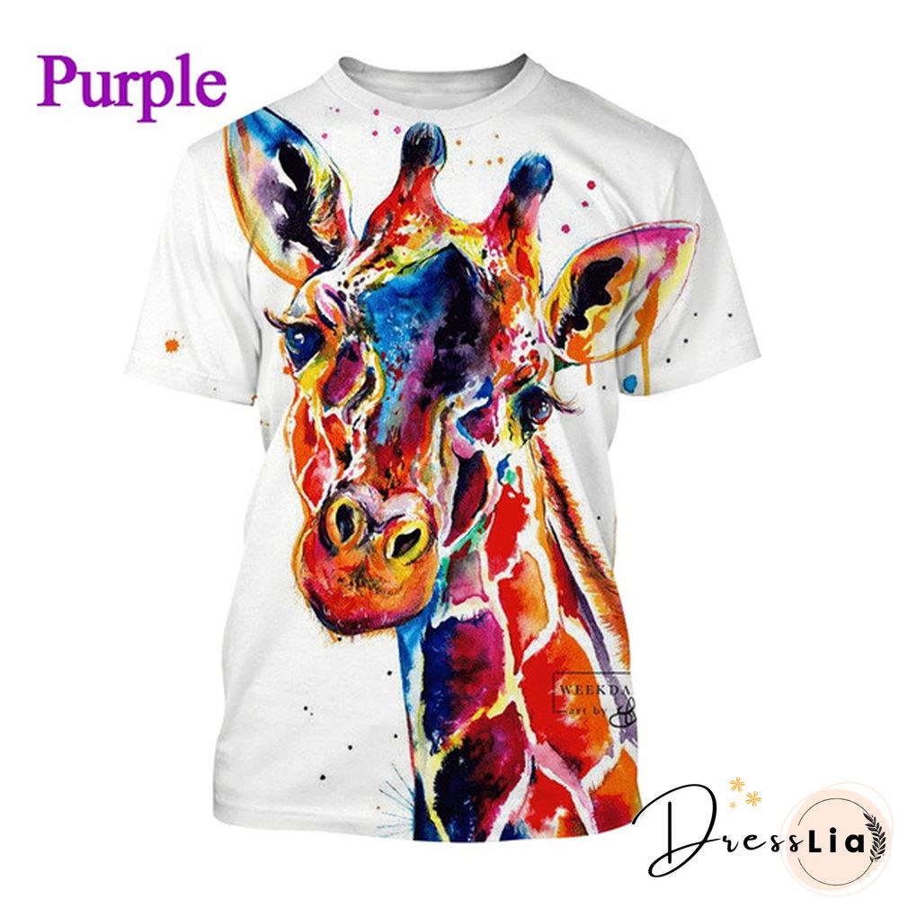 3D Printing Funny Animal Giraffe Pattern T-shirt Fashion Unisex Fun Casual Round Neck Short-sleeved T-shirt Top