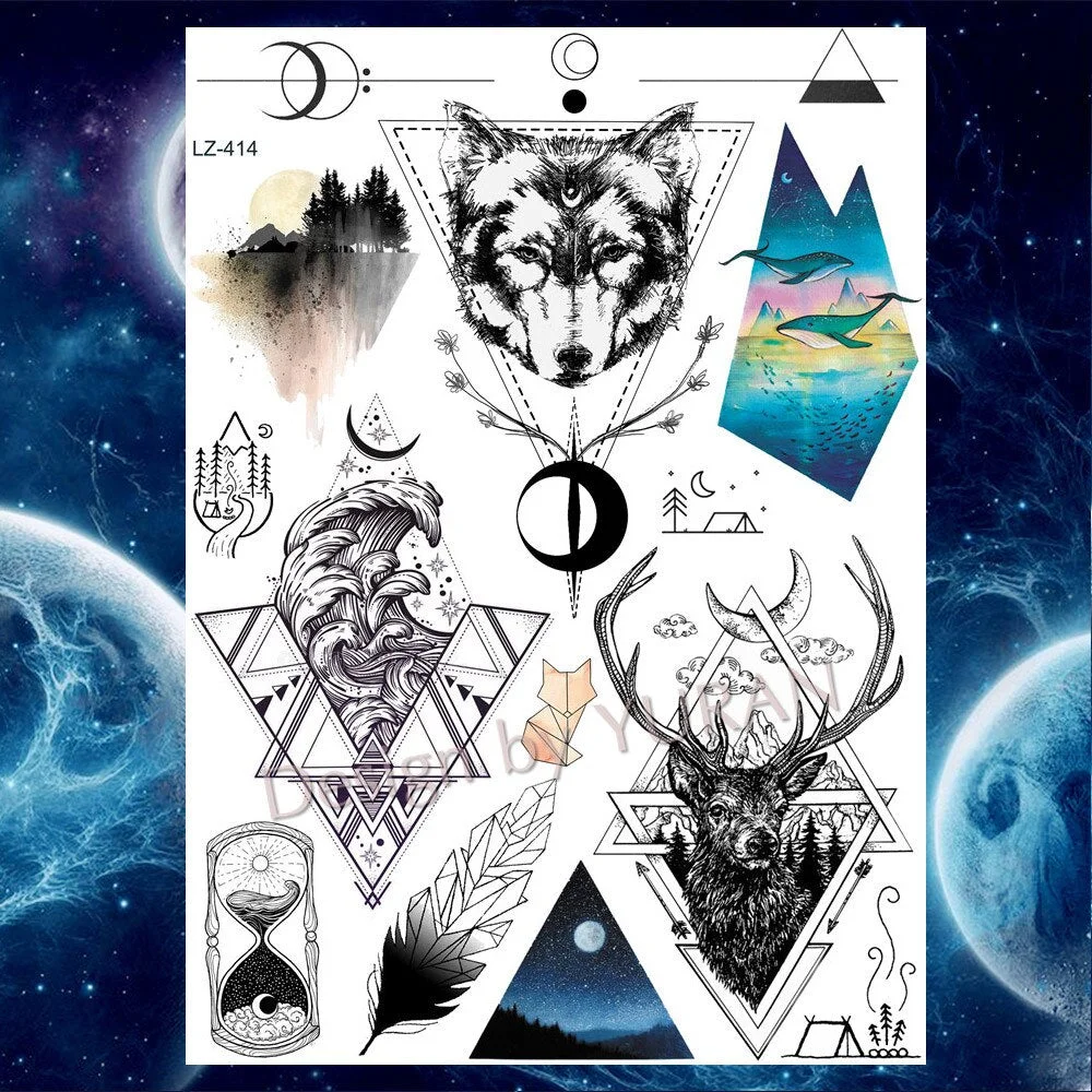 Tribal Forest Animals Black Galaxy Triangle Wolf Animals Temporary Tattoo Stickers Women Men Deer Tatoo Waterproof Arm Tattoos