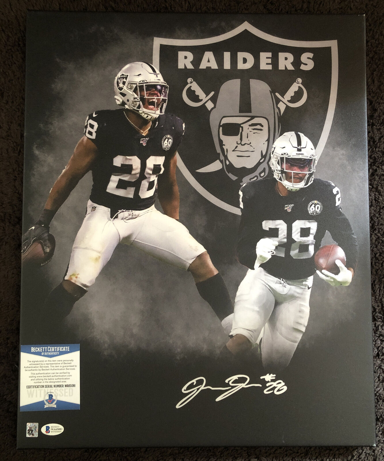 Josh Jacobs Signed Autographed Signed 16x20 Canvas Las Vegas Raiders BECKETT COA