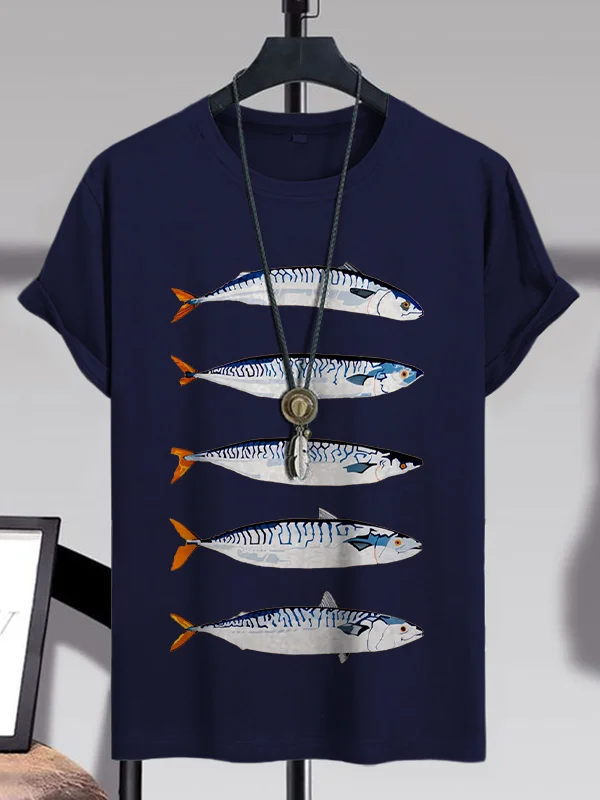 100% Cotton Men's Retro Sardines Art Print Casual T-Shirt