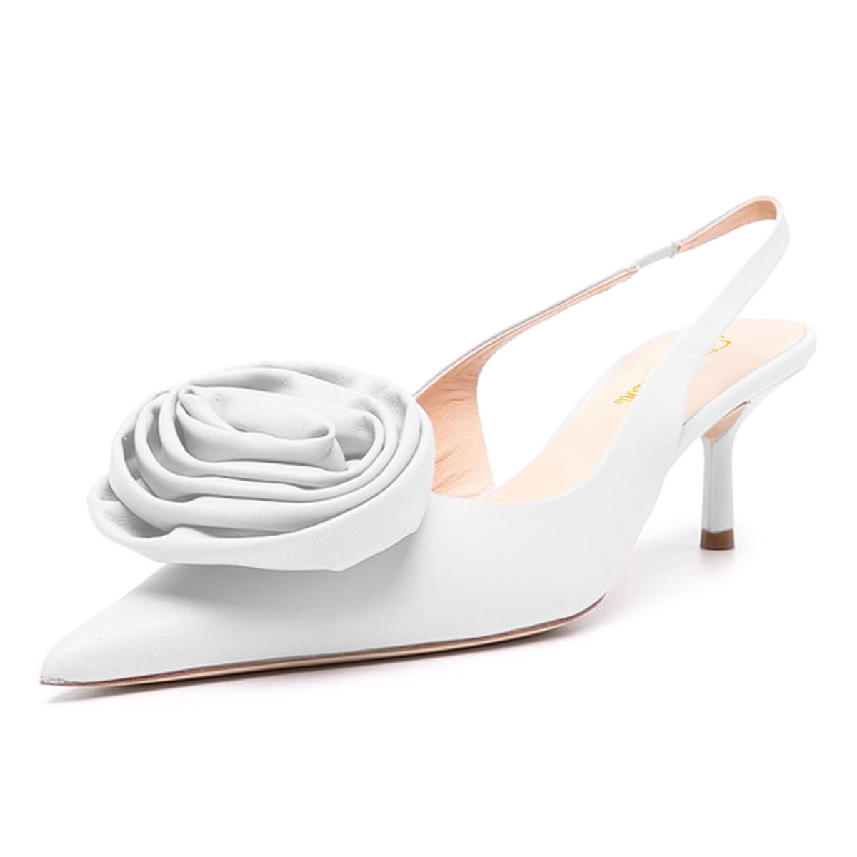 Women's Pointed Toe Kitten Heel Flower Decor Slingback White Pumps Nicepairs
