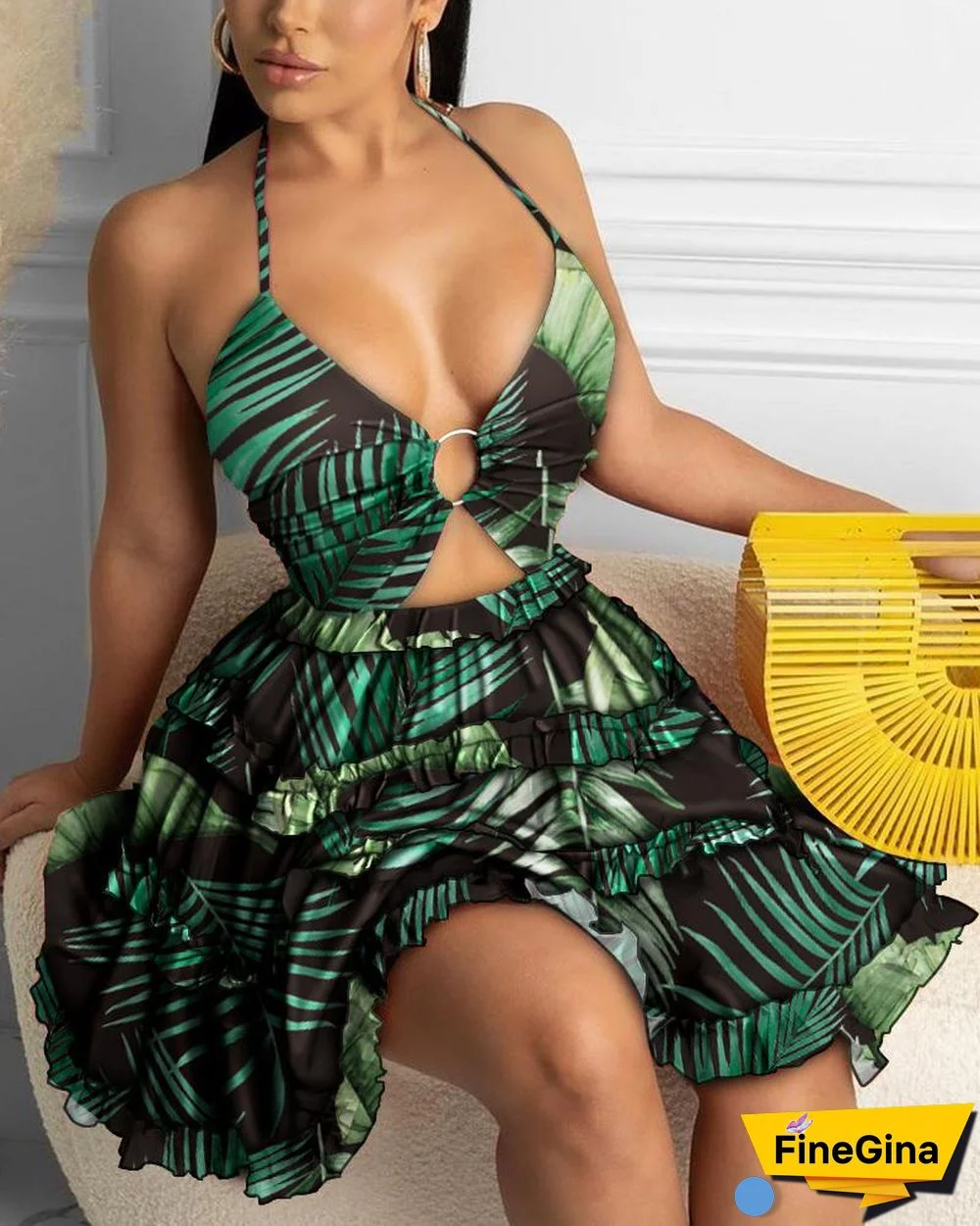 Cami Deep-V Tropical Print Frill Hem Dress