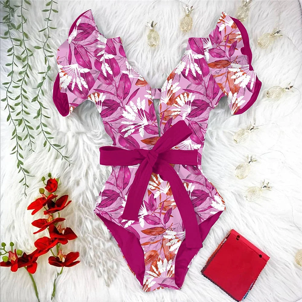 2022 New Sexy Ruffle Print Floral One Piece Strappy Slimming Swimwear Women Swimsuit Deep-V Bathing Suit Beach Wear Monkini