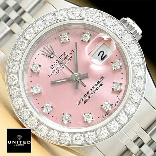 Rolex Datejust Pink Diamond Dial Diamond Bezel Replica close cyclops view