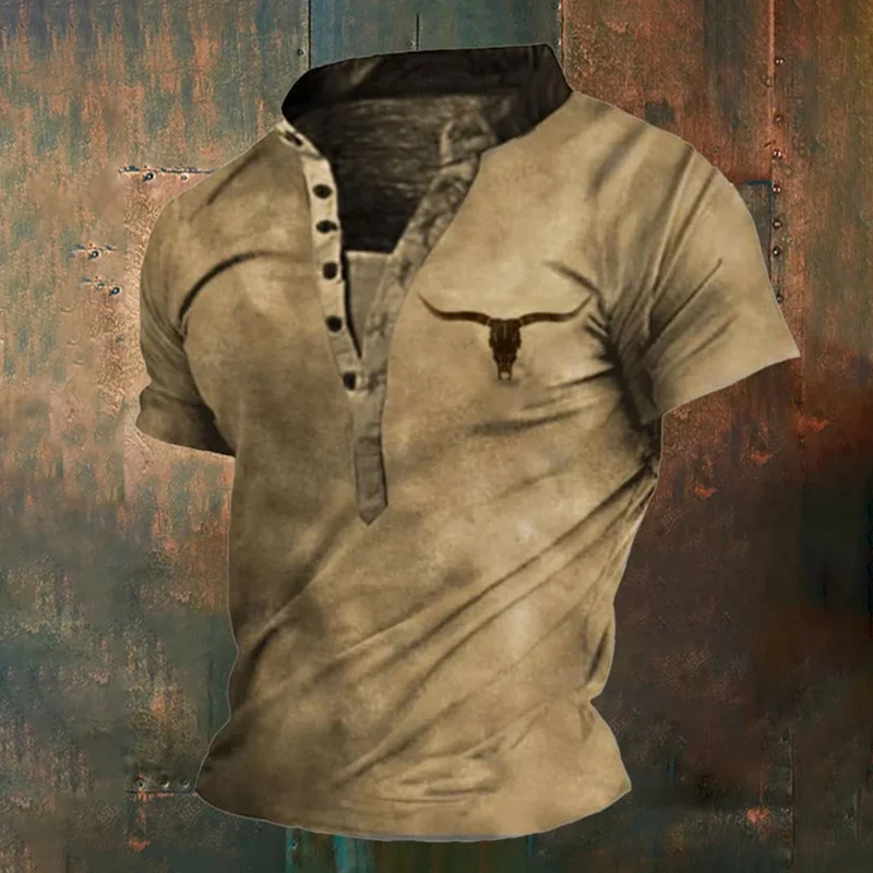 Men'S Retro Bull Head Henley Casual Short Sleeve T-Shirt