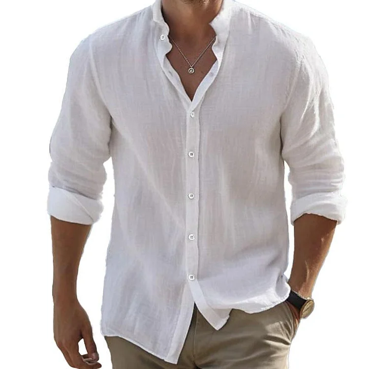 Men's Casual Solid Color Stand Collar Long Sleeve Shirt 73381657Y