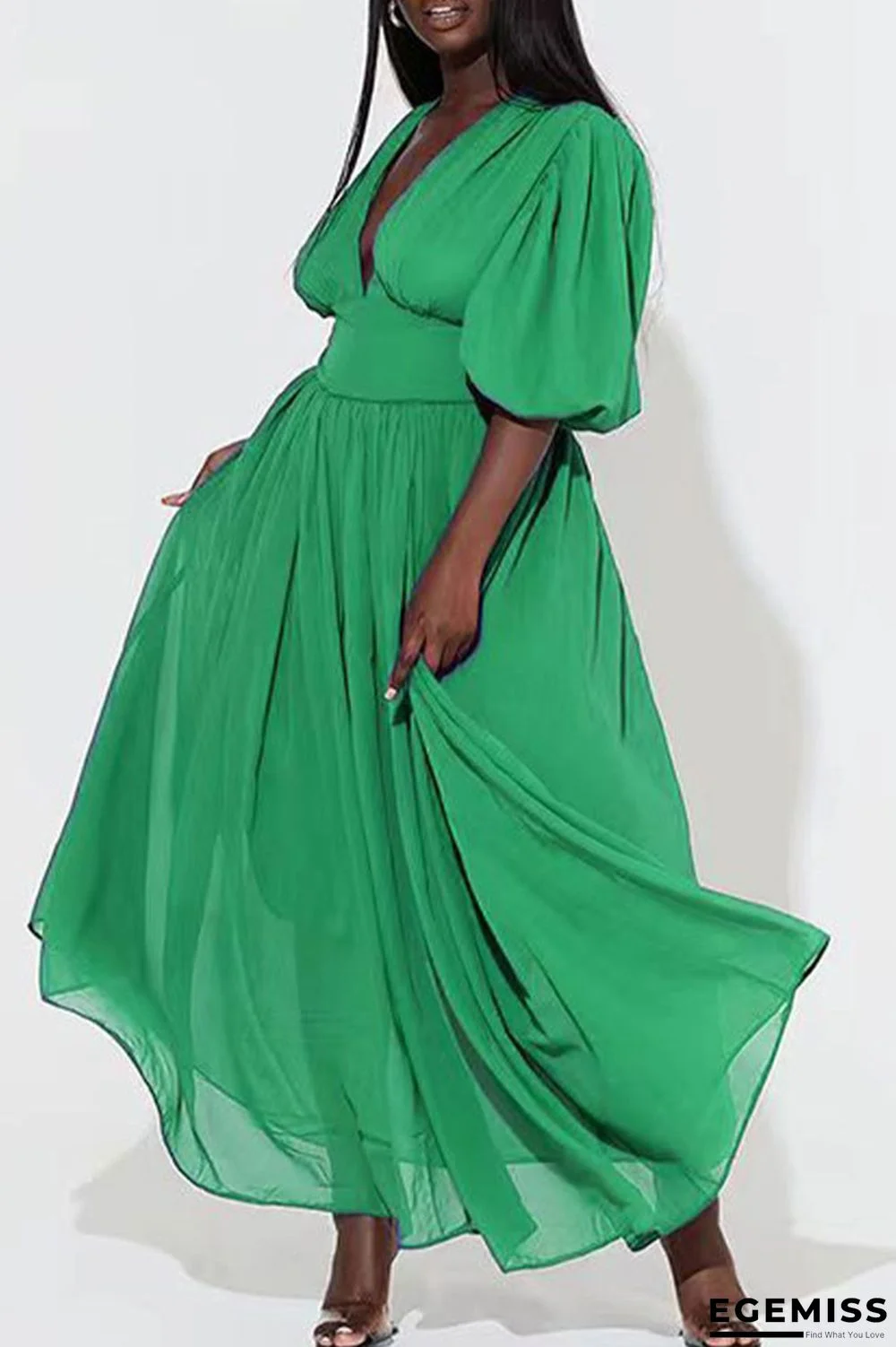 Green Casual Solid Patchwork V Neck Long Dress Dresses | EGEMISS