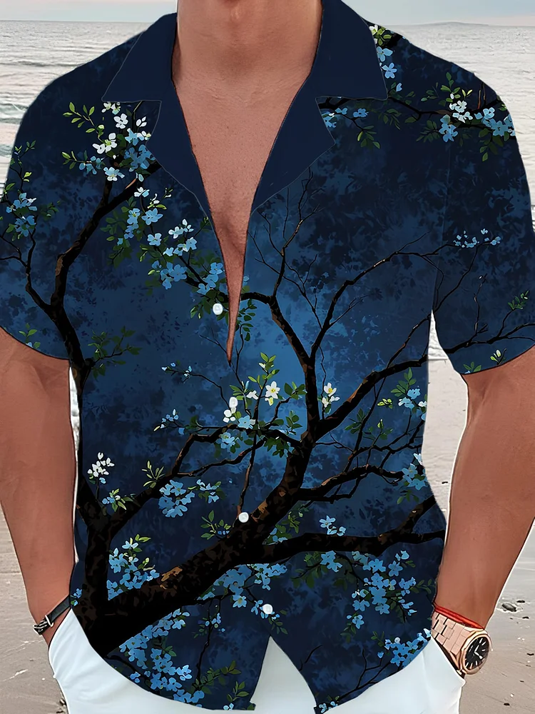 Men's Vacation Night Sakura Print Short Sleeve Shirt