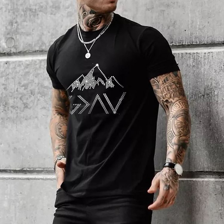Letter Mountain Rhinestone Men's Round Neck Short Sleeve T-Shirt
