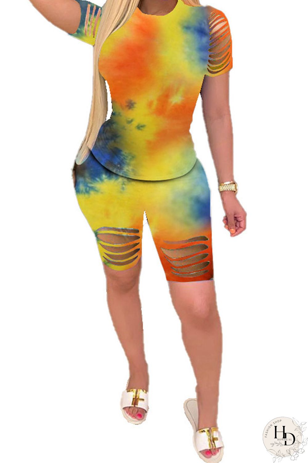 purple Polyester Fashion Casual O Neck Tie Dye Plus Size