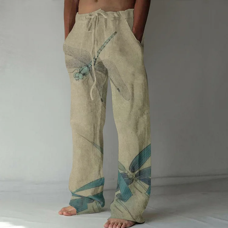 Vintage Dragonfly Art Pattern Linen Blend Casual Pants