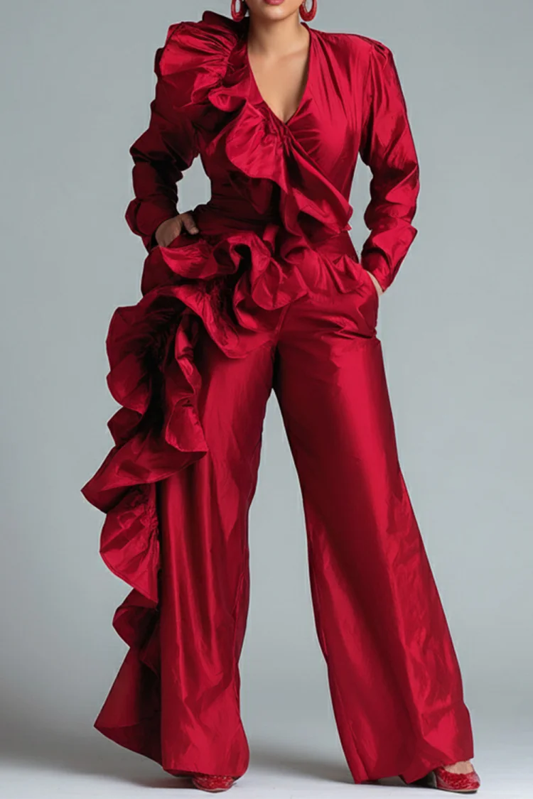 Xpluswear Design Plus Size Formal Red V Neck Long Sleeve Ruffle Elegant Pocket Satin Jumpsuits [Pre-Order]