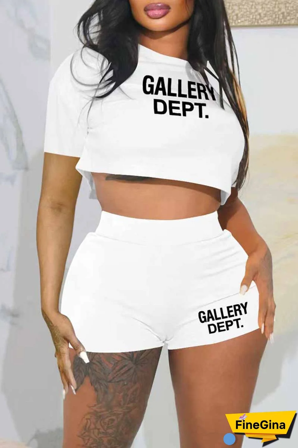 Black Casual Print Letter O Neck Short Sleeve Two Pieces