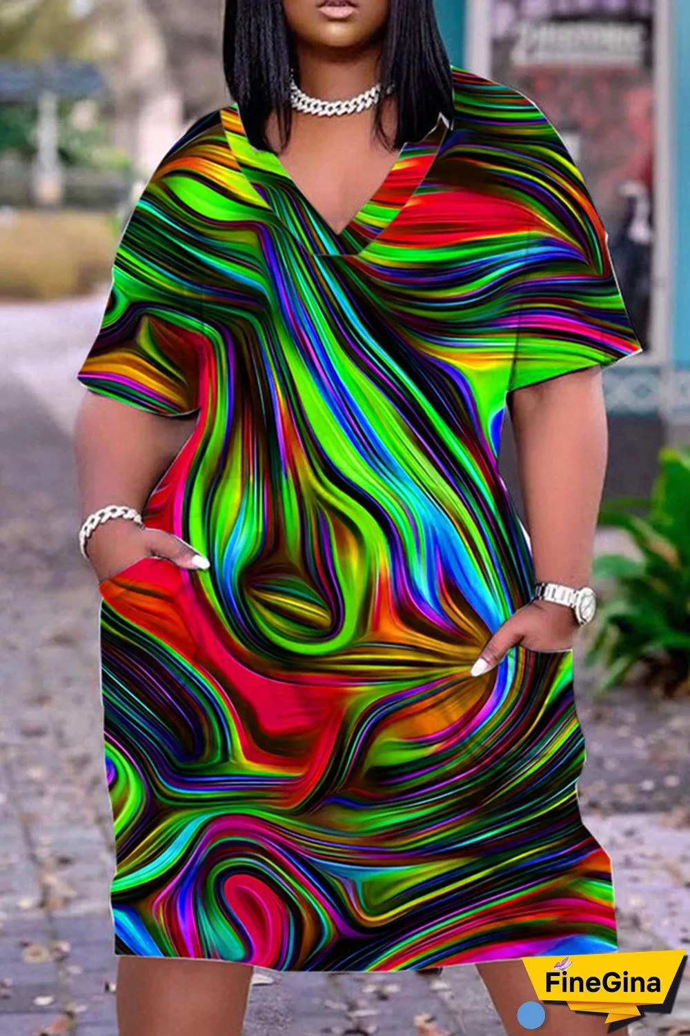 Red Green Casual Print Basic V Neck Short Sleeve Dress