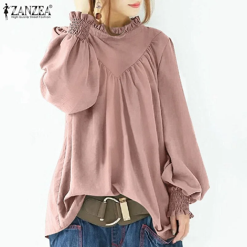 ZANZEA 2021 Women Fashion Casual Office Shirt Solid Chemise Femme Clothing Plain Ruffles Work Blusa Autumn Puff Sleeve Blouse