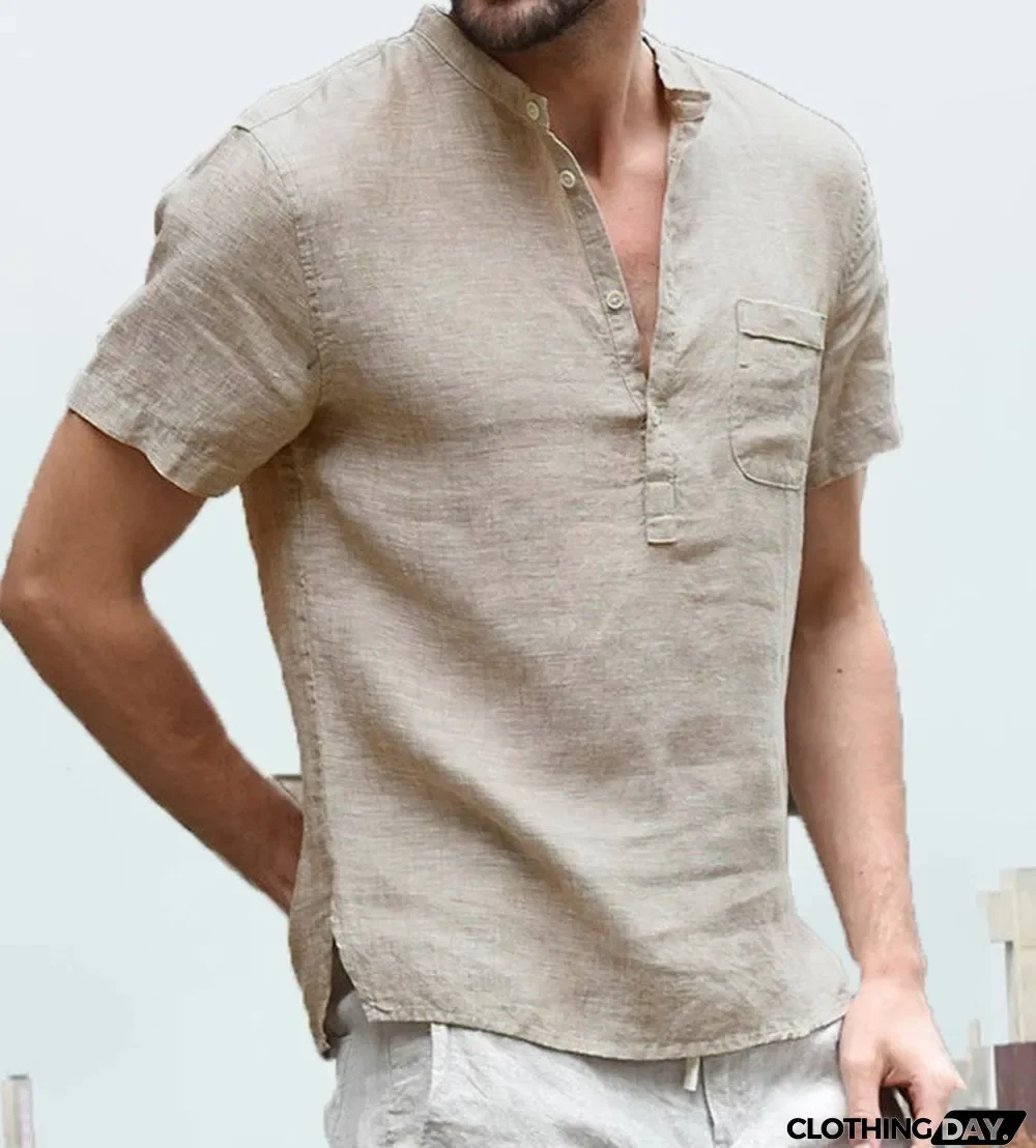 Summer Men Linen Short-Sleeved Stand Collar Buttoned Half-Open Shirt