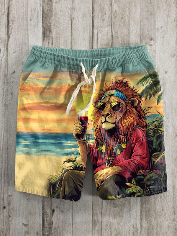 Men's Reggae Soul Lion Drinking Red Wine At The Beach Art Print Casual Shorts