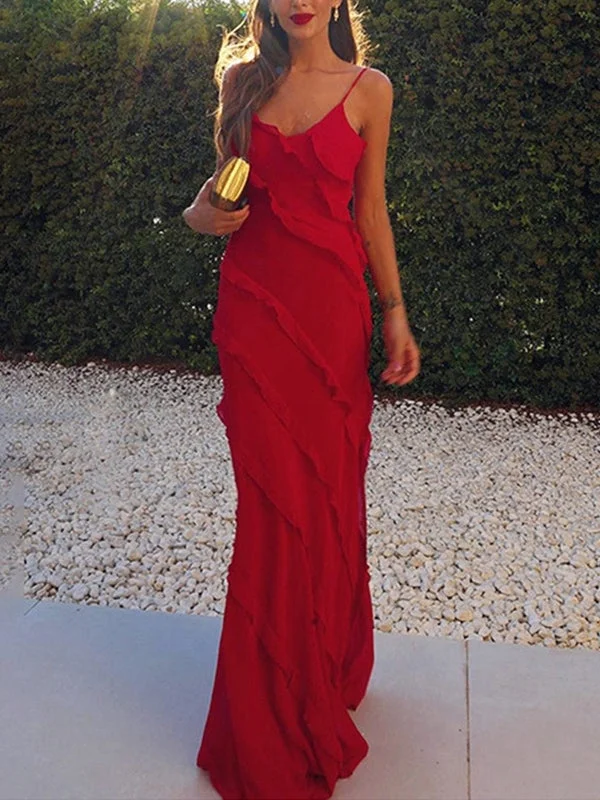 Brownm Vintage Halter Backless Slit Ruffle Maxi Dress