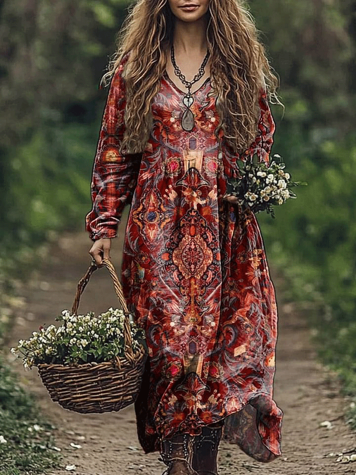 Women's Vintage Lovely Floral Art Print Pocket Cotton Dress