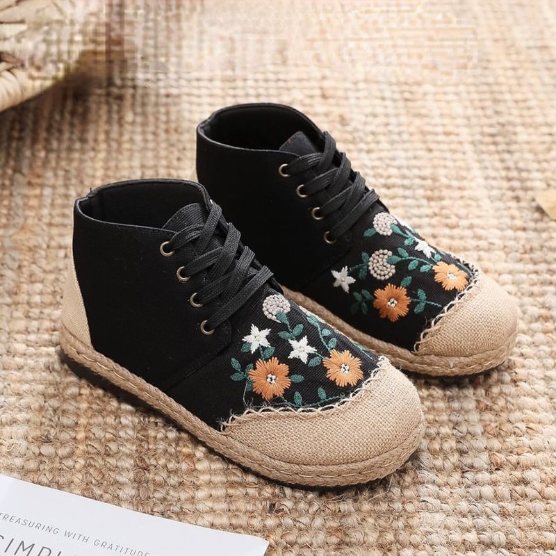 Canrulo Daisy Embroidered Women Linen Cotton High Top Lace Up Espadrilles Sneakers Ladies Comfortable Casual Flat Booties Shoes