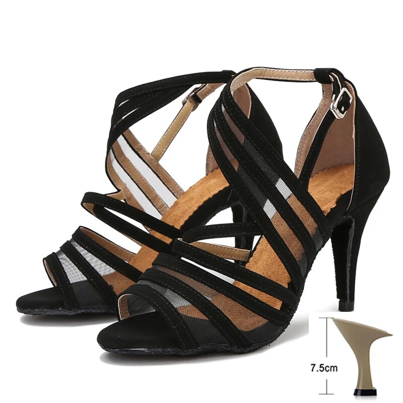 VCshoes Black Latin Dance Shoes Female Adult Sandals Mesh Dance Shoes Stiletto Soft Bottom Women Rumba