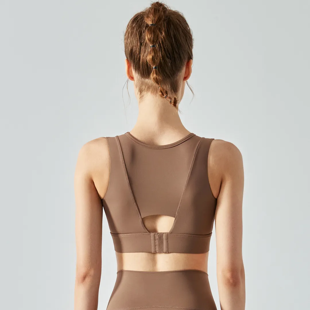 Different types of 2 in 1 hollow-out straps high support push up sports bra with removable pads online shopping on Hergymclothing Chocolate