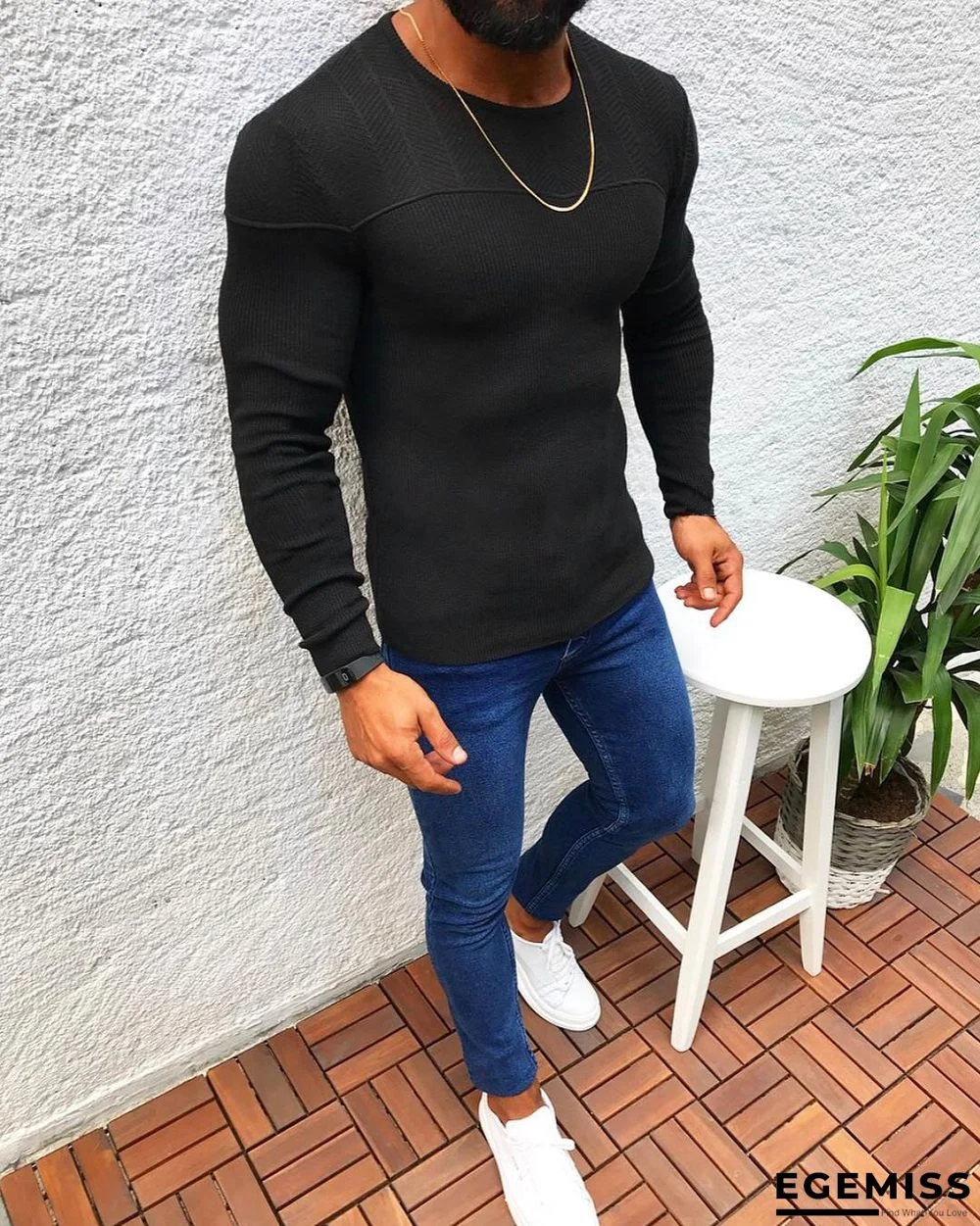 Slim Fit Long Sleeve Pullover Round Neck Sweater Top Sweater Male | EGEMISS