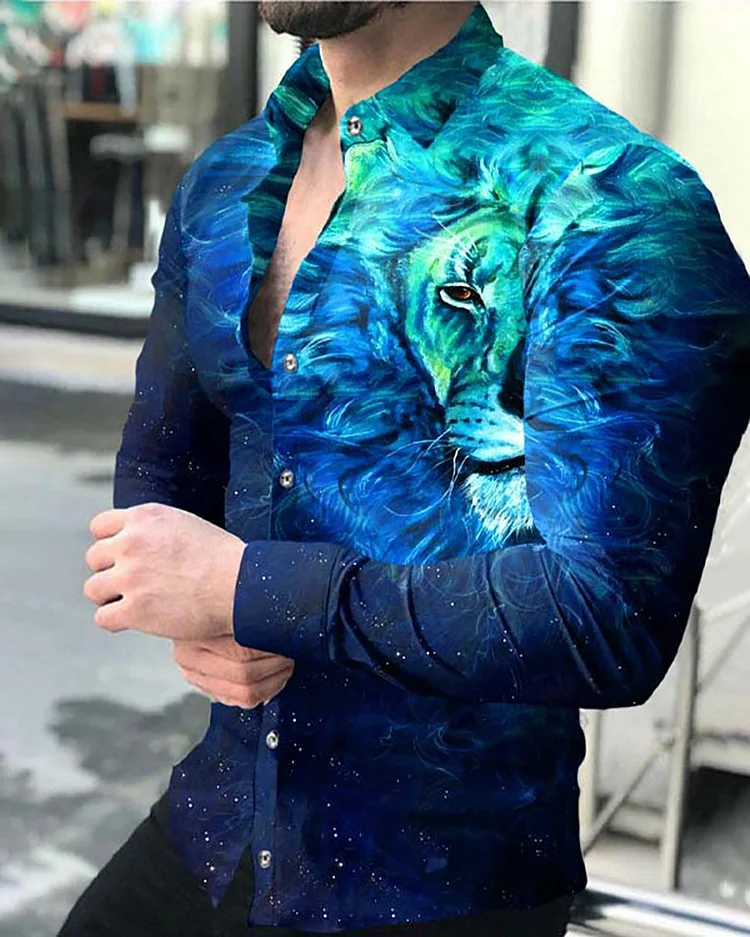 Men's Casual Printed Black Long Sleeve Lapel Shirt