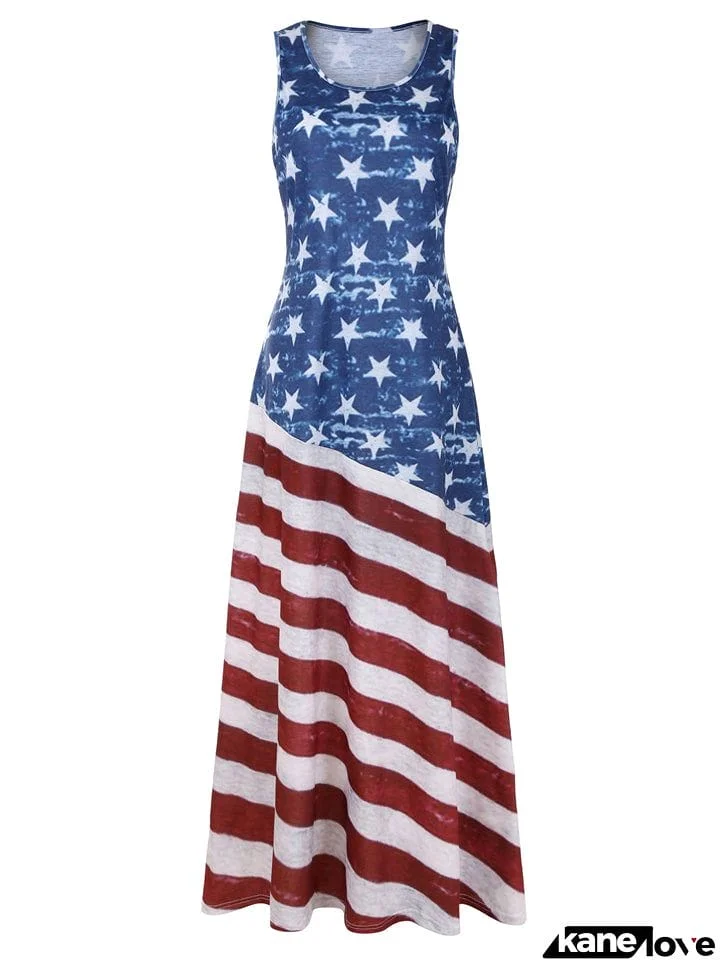 Vintage Flag Print Sleeveless Round Neck Maxi Dress