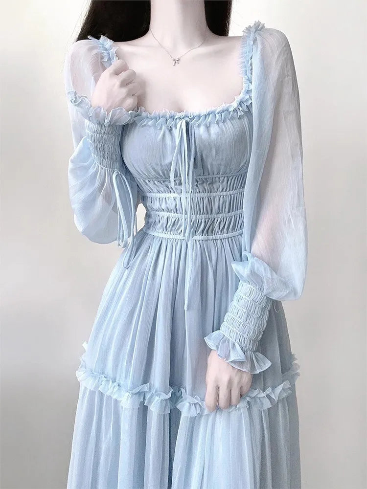 Aiertu New Elegant Chic Women Fashion A-Line Summer Party Dress Long Sleeve Vintage Solid Chic Prom Birthday Vestidos Female Clothes Aiertu
