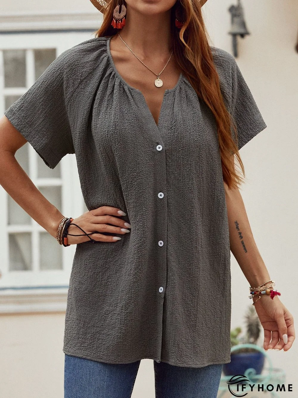 Plain Buttoned Short Sleeve Crew Neck Blouse | IFYHOME