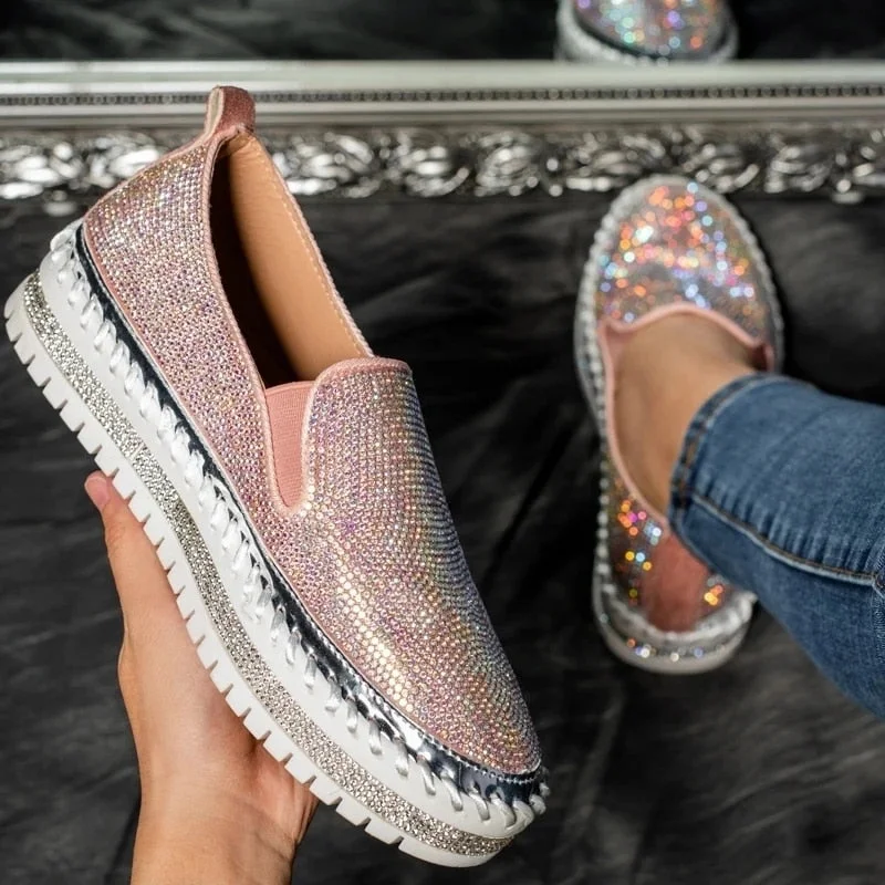 Vstacam Graduation Gift Luxury Women Flats Rhinestone Bling Sewing Platform Loafers Slip on Sewing Shallow Fashion Casual Shoes Ladies Footwear