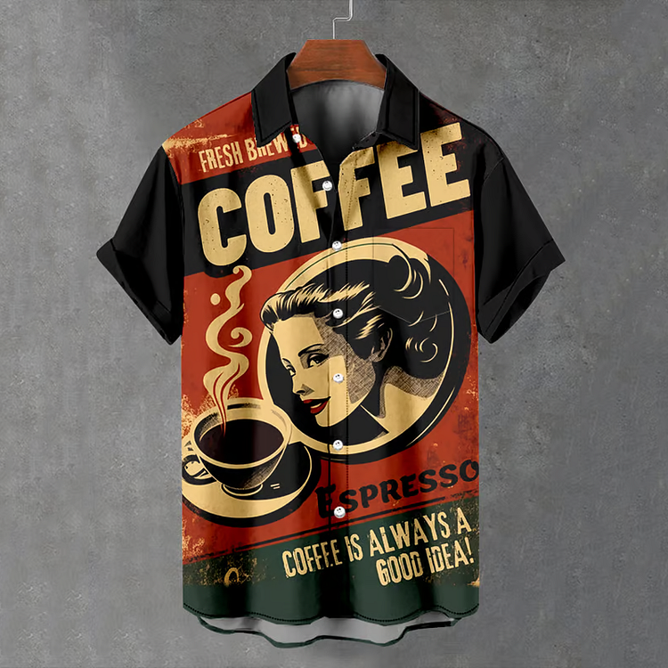 Simpfit Herren Vintage Kaffee Poster Druck Kunst Nachahmung aus Nachahmung aus Baumwolle und Leinen Gemütliches Hemd