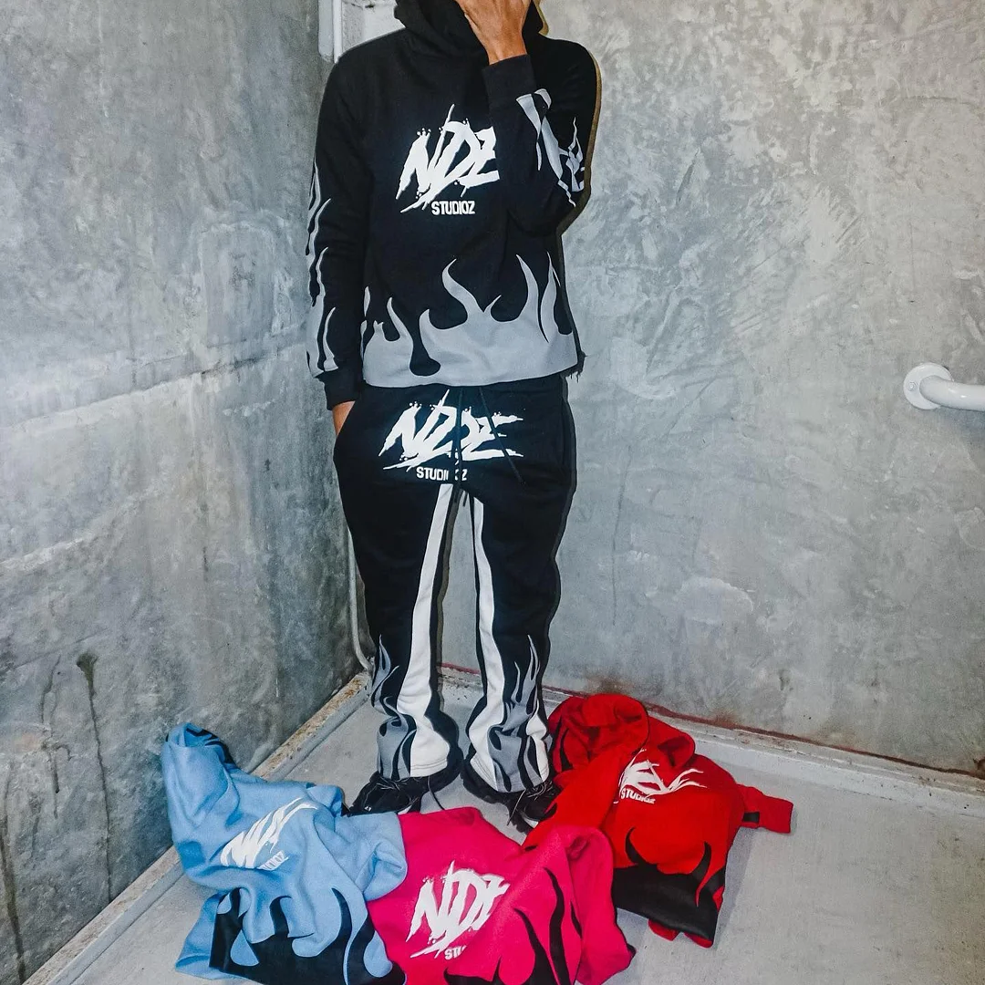 Letter Flame Print Hoodie Sweatpants Two Piece Set