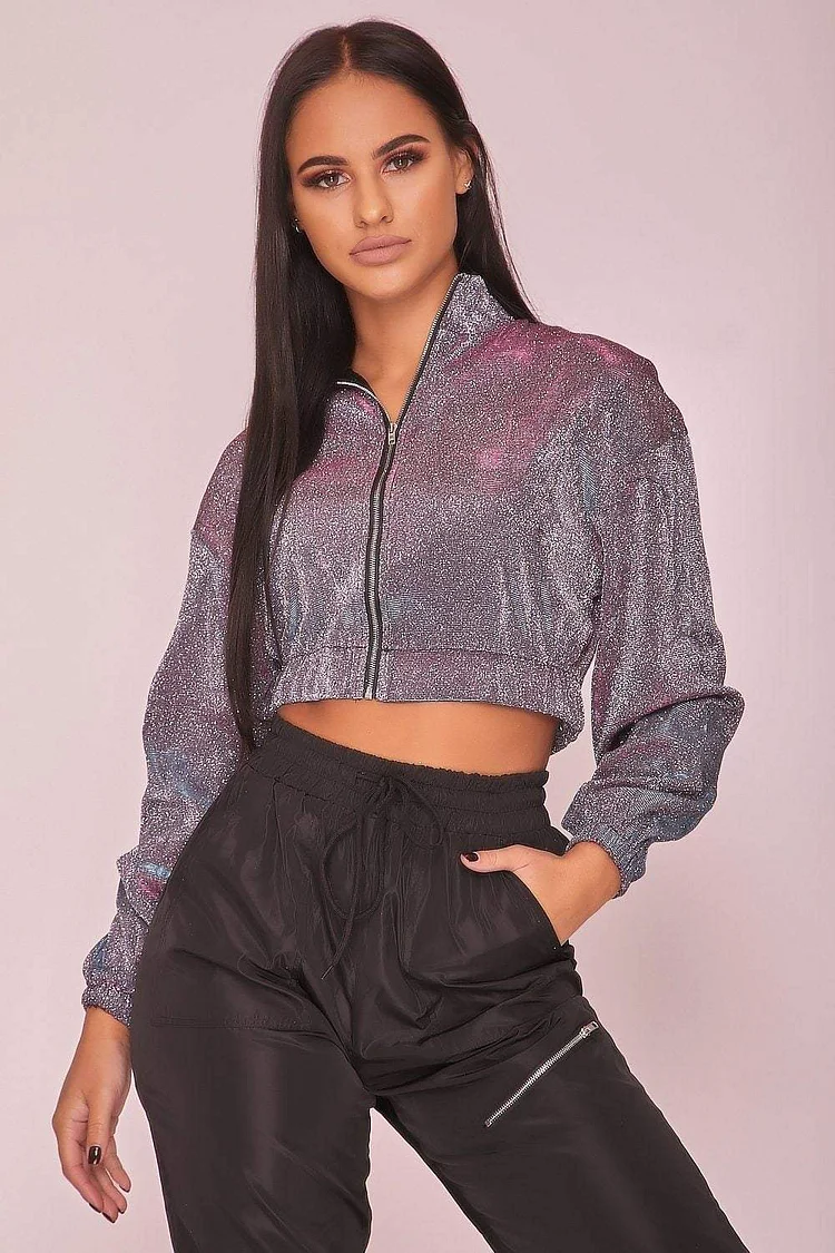 Silver Sparkle Zip Up Cropped Hoodie Katch Me
