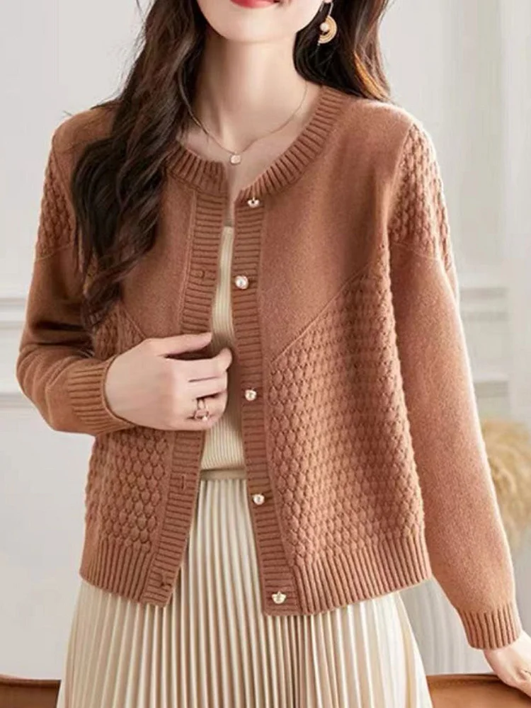  Loose Crew Neck Knitted Sweater Cardigan-Camel