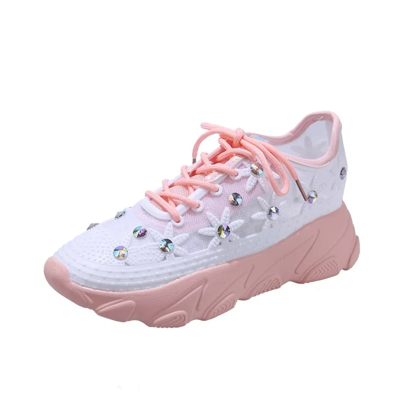 Breathable Air Mesh Crystal Sneakers Women Rhinestones Floral White Casual Shoes Woman Fashion Chunky Platform Trainers