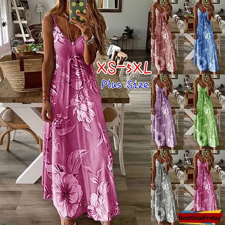 New Fashion Women's Casual V-Neck Floral Print Dress Big Swing Skirt Spaghetti Straps Dresses Loose Casual Plus Size Long Dress