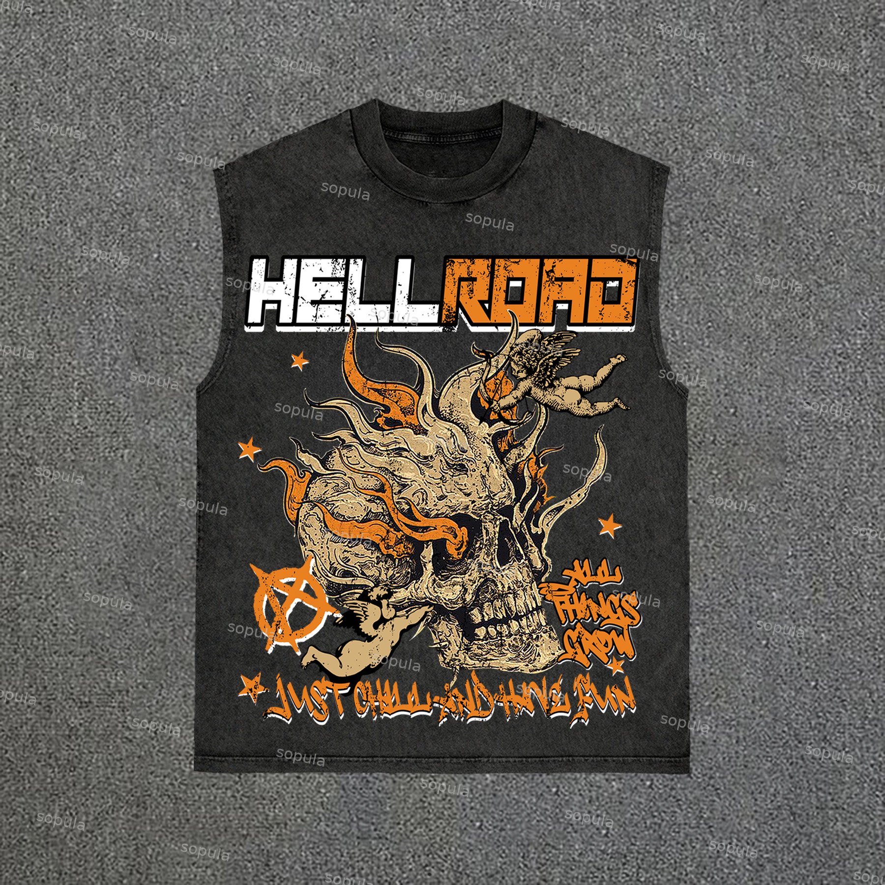 Sopula Hell Road Flame Skull Angel Print Vintage Wash Sleeveless Tank Top - SOPULA