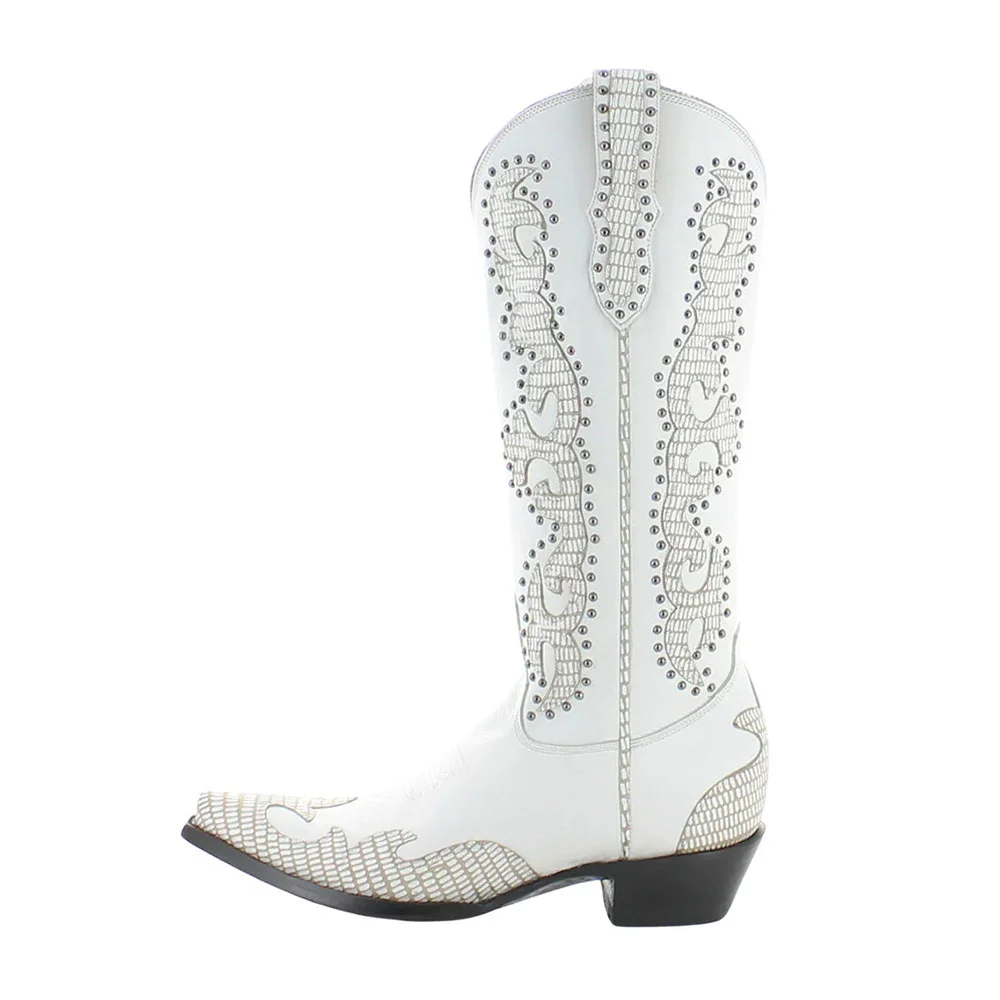 Patchwork Studded Embroidered Snip Toe Knee High White Cowgirl Boots