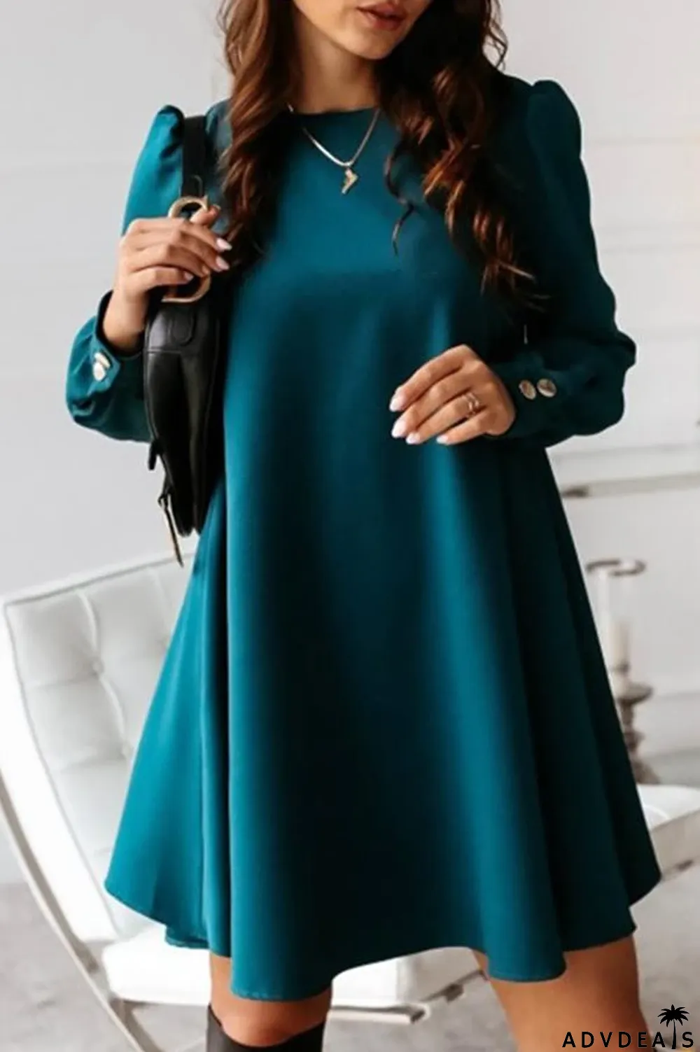 Back Button Solid Color Midi Dress