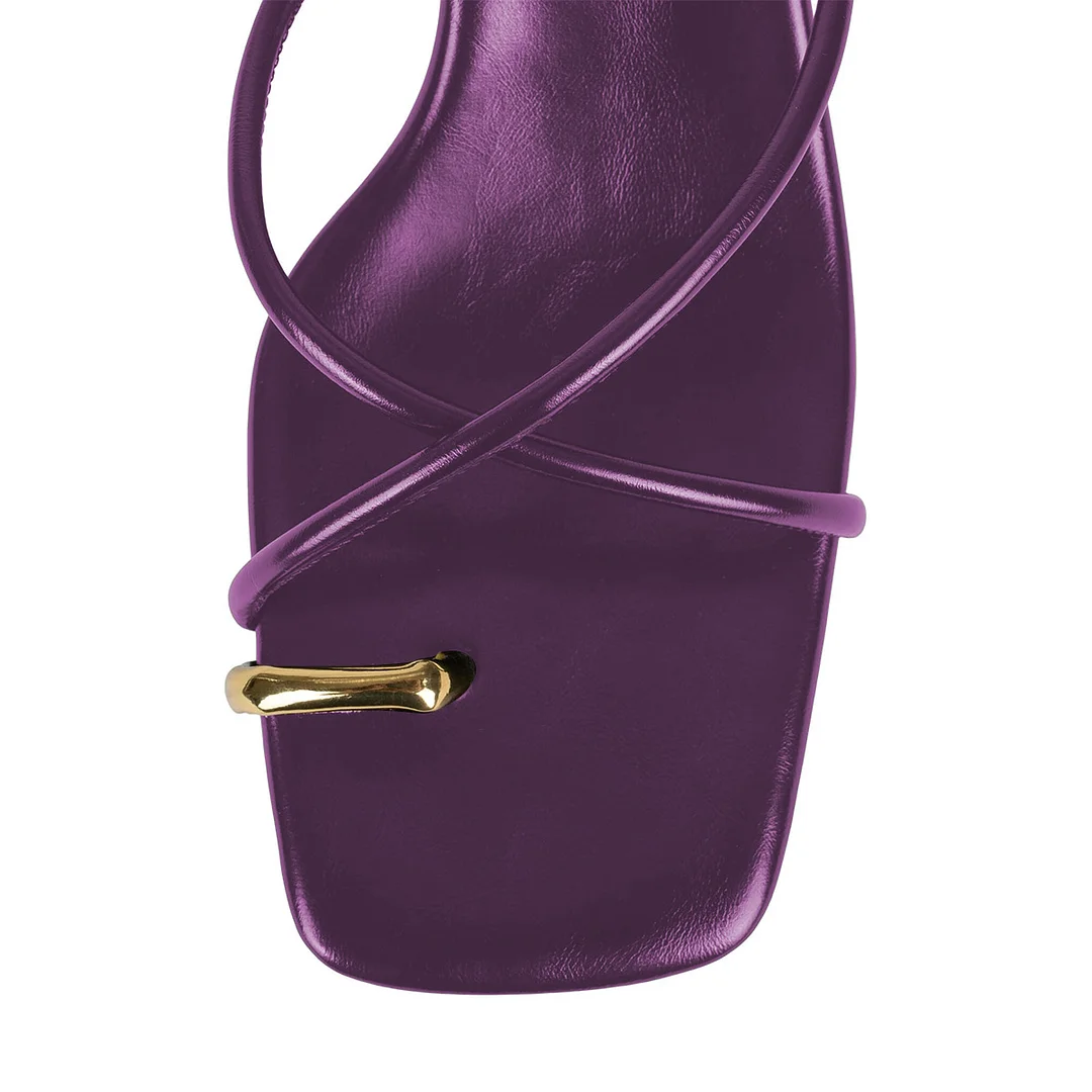 Shiny Vegan Leather Golden Toe-Ring Ankle Strap Sandals in Purple