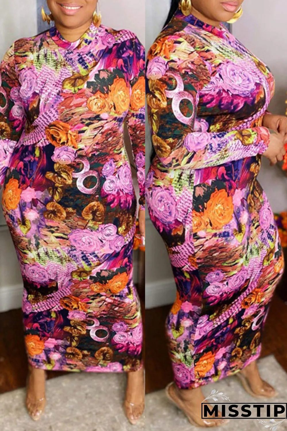 Multicolor Fashion Casual Print Basic O Neck Long Sleeve Plus Size Dresses