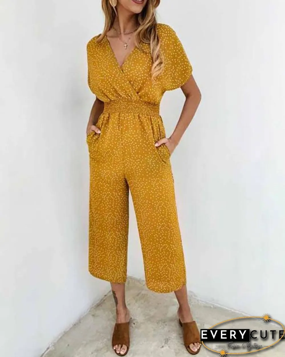 Polka Dot Printed V-neck Pocket Jumpsuit