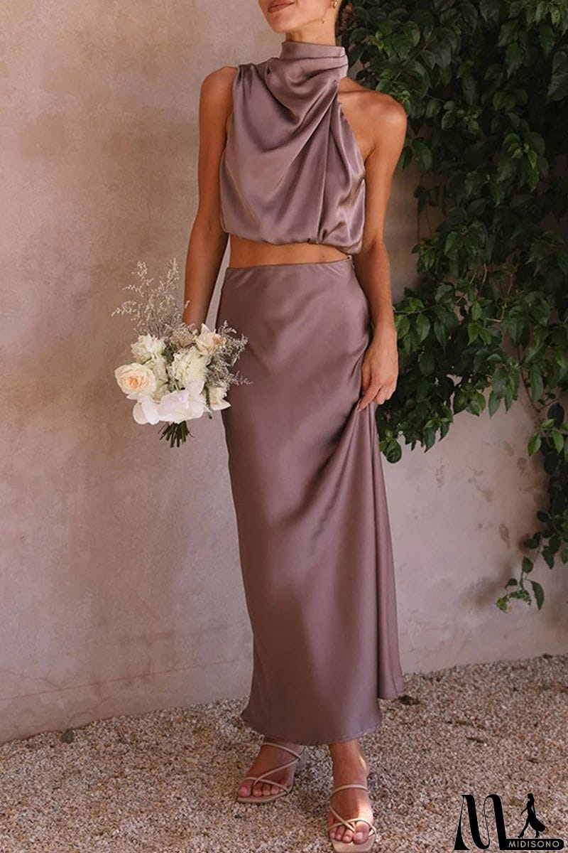 MidiSono - Celebrities Elegant Solid Solid Color Halter Sleeveless Two Pieces