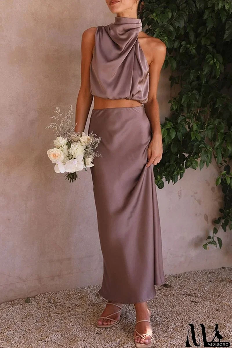 MidiSono - Celebrities Elegant Solid Solid Color Halter Sleeveless Two Pieces