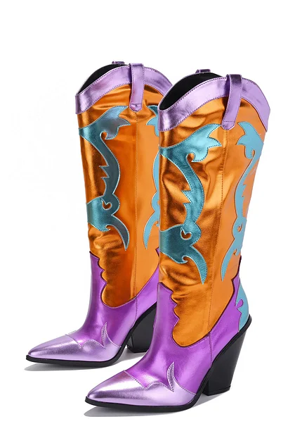 Western Chunky Heel Cowboy Shoes Large  Halloween Womens Ethnic Patchwork Pointed Toe Mid-Calf Boots Fire Shape Chelsea