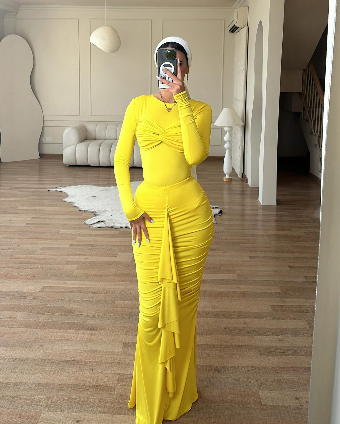 Ootddress Elegant Long Sleeved Elastic Tight Pleated Party Club Evening Dress Women Fashion Maxi Vestido Autumn Winter New Female