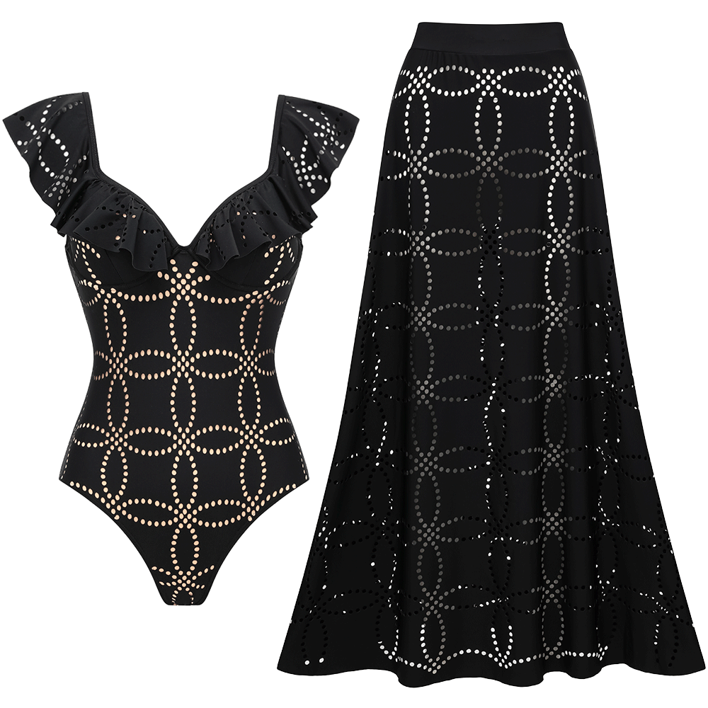 Underwired Black Ruffle Laser Cutting Flower One Piece
